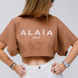 Brown Logo Wide Sleeves Jersey Cropped T-shirt / ALAIA - Size 42