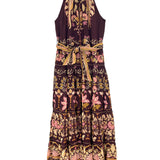 Burgundy BELLA Floral Halterneck Belted Sleeveless Maxi Dress / FARM RIO - Size S