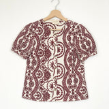 Burgundy Embroidered Short Puffed Sleeves Top - model LULA / SEZANE - Size 34