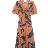 Camel Brown/Dark Blue KLAP Abstract Print Midi Dress  / BA&SH - Size 0
