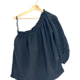 Charcoal Crinkled Linen Gauze Blend One-Shoulder Blouse / MASSCOB - Size S