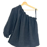 Charcoal Crinkled Linen Gauze Blend One-Shoulder Blouse / MASSCOB - Size S