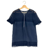Charcoal Silk and Skull Lace Half-Zip Blouse / THE KOOPLES - Size S