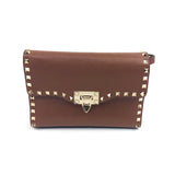Cognac ROCKSTUD Small Grainy Calfskin Leather Crossbody Bag / VALENTINO