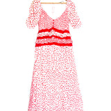 Cream and Red Dots Satin Ruffle Midi Dress / SELF-PORTRAIT - Size UK 8