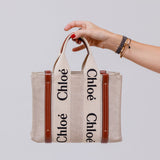 Cream/Brown Small Woody Canvas Tote Bag / CHLOE