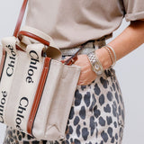 Cream/Brown Small Woody Canvas Tote Bag / CHLOE