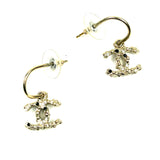 Crystal Studded CC Silver Tone Drop Earrings / CHANEL