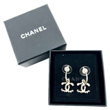 Crystal Studded CC Silver Tone Drop Earrings / CHANEL