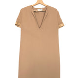 Dark Beige Short Sleeve with Leather Yokes Midi Dress / SAINT LAURENT - Size 42