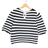 Dark Blue and White Striped Crochet-effect Short Sleeves Jumper / MAJE - Size 1