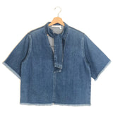 Dark Blue Fringes Knotted Collar Denim Blouse / SEE BY CHLOE - Size 42