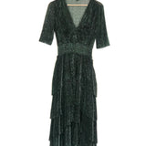 Dark Green RUFFINE Smocked-Waist Metallic-Woven Midi Dress / MAJE - Size 38