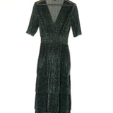 Dark Green RUFFINE Smocked-Waist Metallic-Woven Midi Dress / MAJE - Size 38