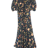 Dark Navy HELEEN Floral Printed Silk Puff-sleeve Maxi Dress / ULLA JOHNSON - Size US 6