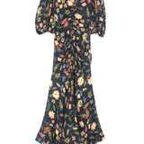 Dark Navy HELEEN Floral Printed Silk Puff-sleeve Maxi Dress / ULLA JOHNSON - Size US 6