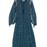 Duck Blue Gold Embroidered Trims Smocked Kaftan Dress / SCARLETT POPPIES - Size S