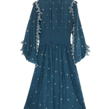 Duck Blue Gold Embroidered Trims Smocked Kaftan Dress / SCARLETT POPPIES - Size S