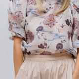 Ecru ELIZA River Blossom Print Crinkled 3/4 Sleeves Blouse / ULLA JOHNSON - Size US 4