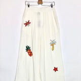 Ecru Embroidered Cotton Gauze Wide Leg Pants - One Size