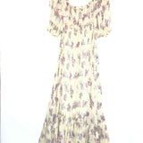 Ecru Floral Print Off Shoulder Boho Ruffled Silk Maxi Dress / LOVE SHACK FANCY - Size M