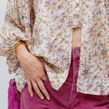 Ecru Floral Printed Silk Kimono Puffed Sleeves Blouse / MES DEMOISELLES… - Size 1
