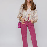 Ecru Floral Printed Silk Kimono Puffed Sleeves Blouse / MES DEMOISELLES… - Size 1