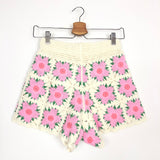 Ecru with Pink Flower Crochet Shorts