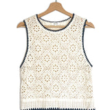 Ecru/Black Crocheted Sleeveless Top - One Size