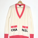 Ecru/Pink Ribbed V-neck 1986-1988 Logo Cashmere Cardigan / CHANEL - Size 38