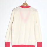 Ecru/Pink Ribbed V-neck 1986-1988 Logo Cashmere Cardigan / CHANEL - Size 38