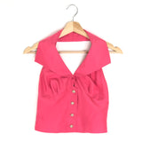 Fuchsia Pink Silk Open Back Top with Signature Crystal-Embellished Buttons / CHANEL - Size 34