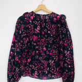 Fuchsia/Blue MEDINE Ruffled Floral-print Cotton-blend Voile Blouse / ULLA JOHNSON - Size 4