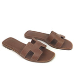 Gold ORAN Contrast Stitching Leather Flat Sandals / HERMES - Size 38