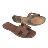 Gold ORAN Contrast Stitching Leather Flat Sandals / HERMES - Size 38
