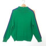 Green Knitted Pullover with Rainbow Stripes Sleeves / SENS UNIQ