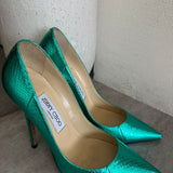 Green Metallic Python Embossed Leather ANOUK Pointed Pumps (120mm) / JIMMY CHOO - Size 38