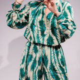 Green NEHIR Print Silk Long Sleeves Blouse / ULLA JOHNSON - Size US 2