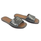 Grey Metallic Intrecciato Leather Flat Slide Sandals / BOTTEGA VENETA - Size 38