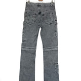 Gray denim jeans on a hanger against a white background