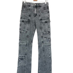 Gray denim jeans on a hanger against a white background