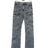 Gray denim jeans on a hanger against a white background