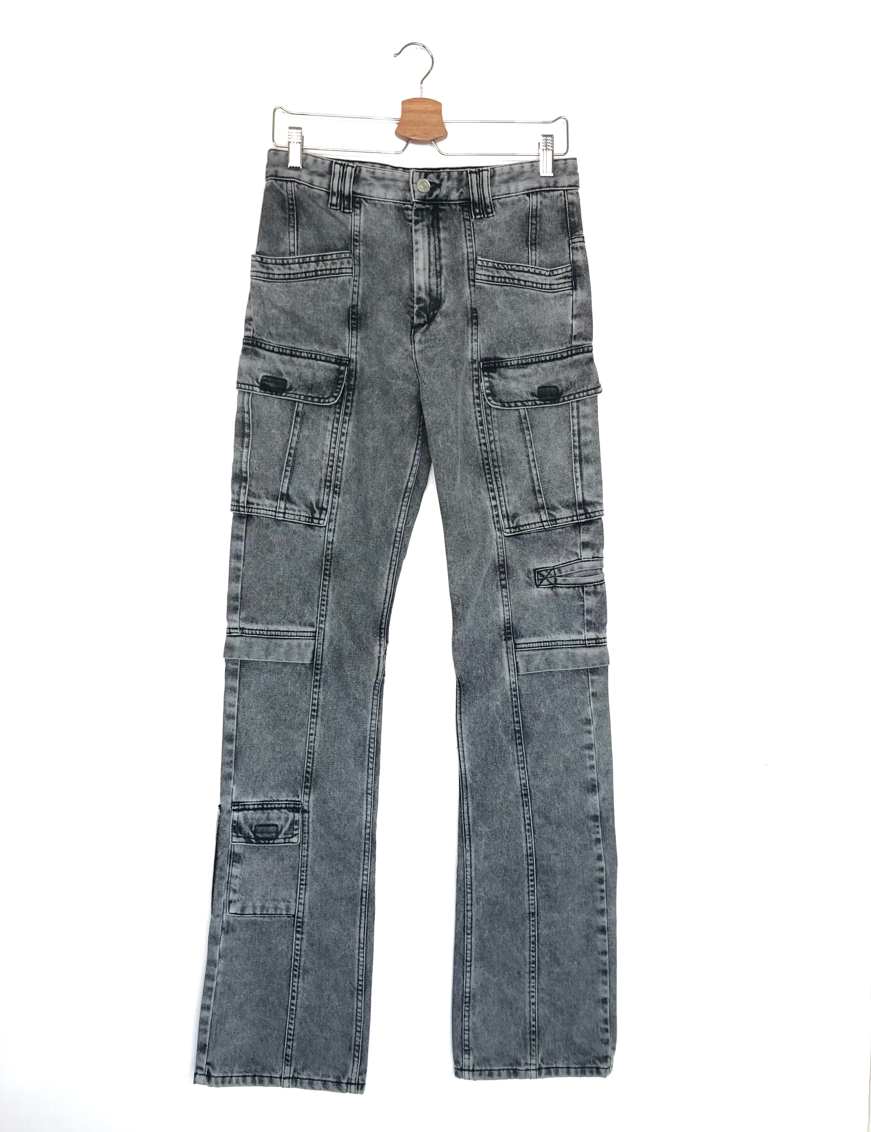 Gray denim jeans on a hanger against a white background