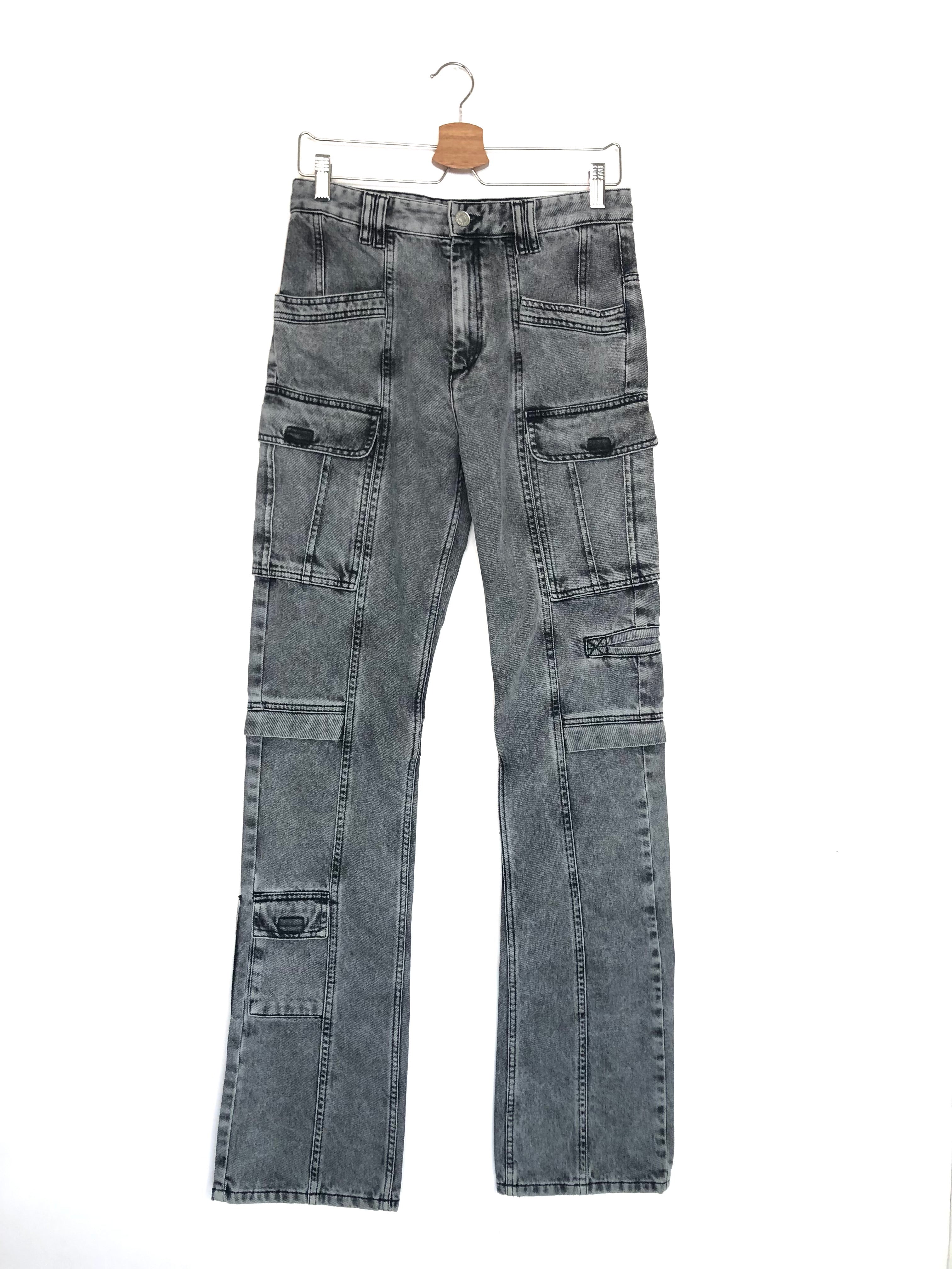 Gray denim jeans on a hanger against a white background