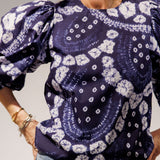 Indigo Blue ELIZA Tie-dye Print Crew Neck Puffed Sleeves Cotton Blouse / ULLA JOHNSON - Size US 4