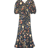 Inky Blue with Playful Botanical Print HELEEN Ruched Silk Dress / ULLA JOHNSON - Size 6