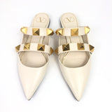 Ivory ROMAN Smooth Leather Stud Pointed-Toe Flat Mules / VALENTINO - Size 39