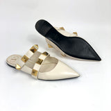 Ivory ROMAN Smooth Leather Stud Pointed-Toe Flat Mules / VALENTINO - Size 39