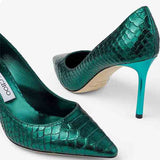 Green Metallic Python Embossed Leather ANOUK Pointed Pumps (120mm) / JIMMY CHOO - Size 38