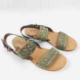 Khaki Green Embellished Suede and Leather Flat Sandals / VALENTINO - Size 37.5